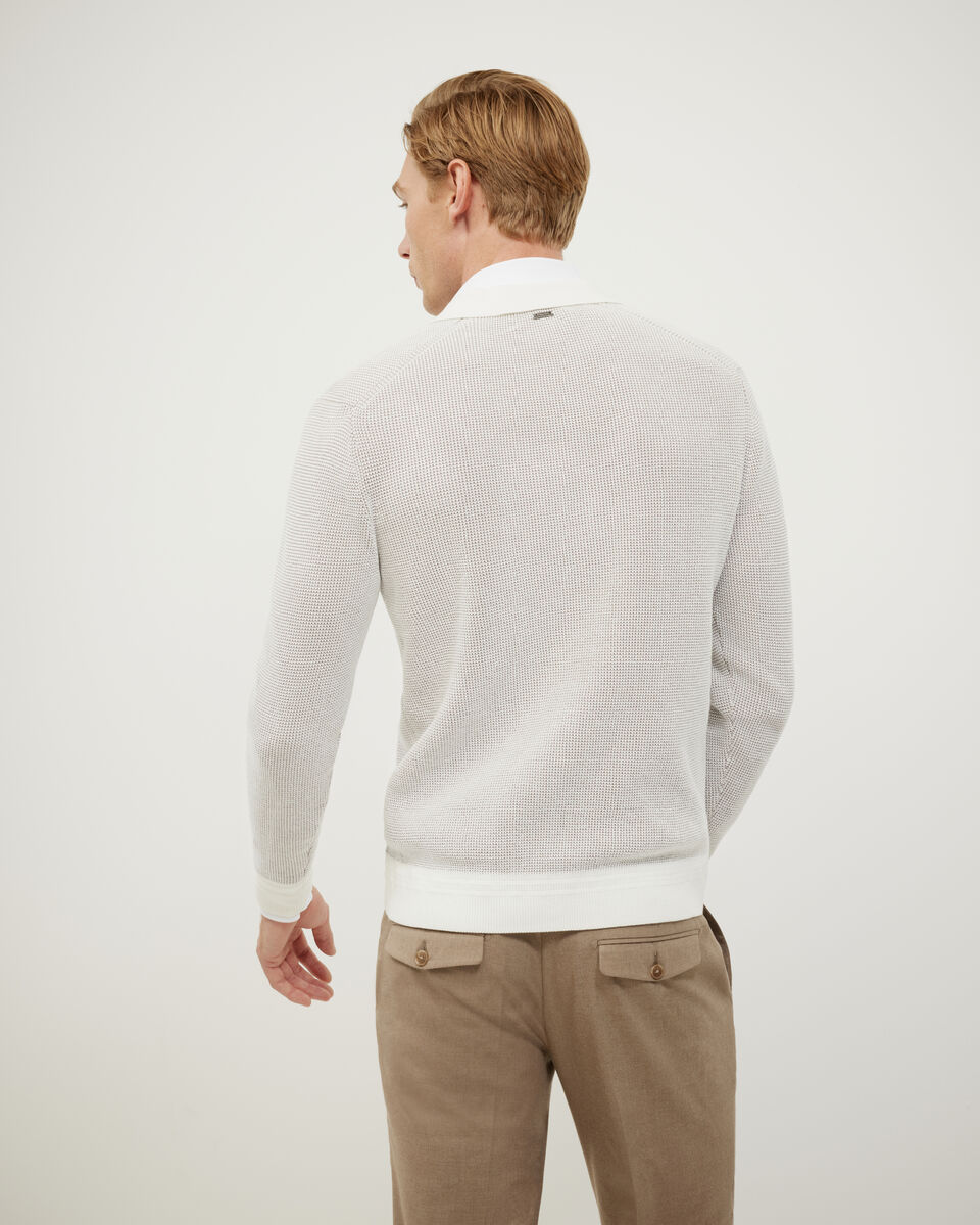 Two-Toned Long Sleeve Knit Polo, Bone, hi-res